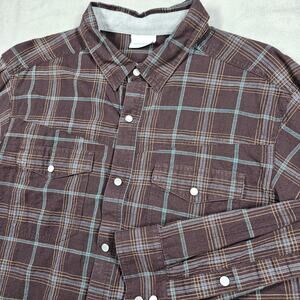 Columbia Shirt Mens Medium Pearl Snap Plaid Western Long Sleeve Brown Outdoor
